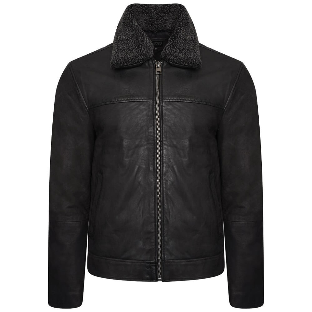 Barneys Originals Real Leather Trucker Jacket With Removable Shearling Collar BK